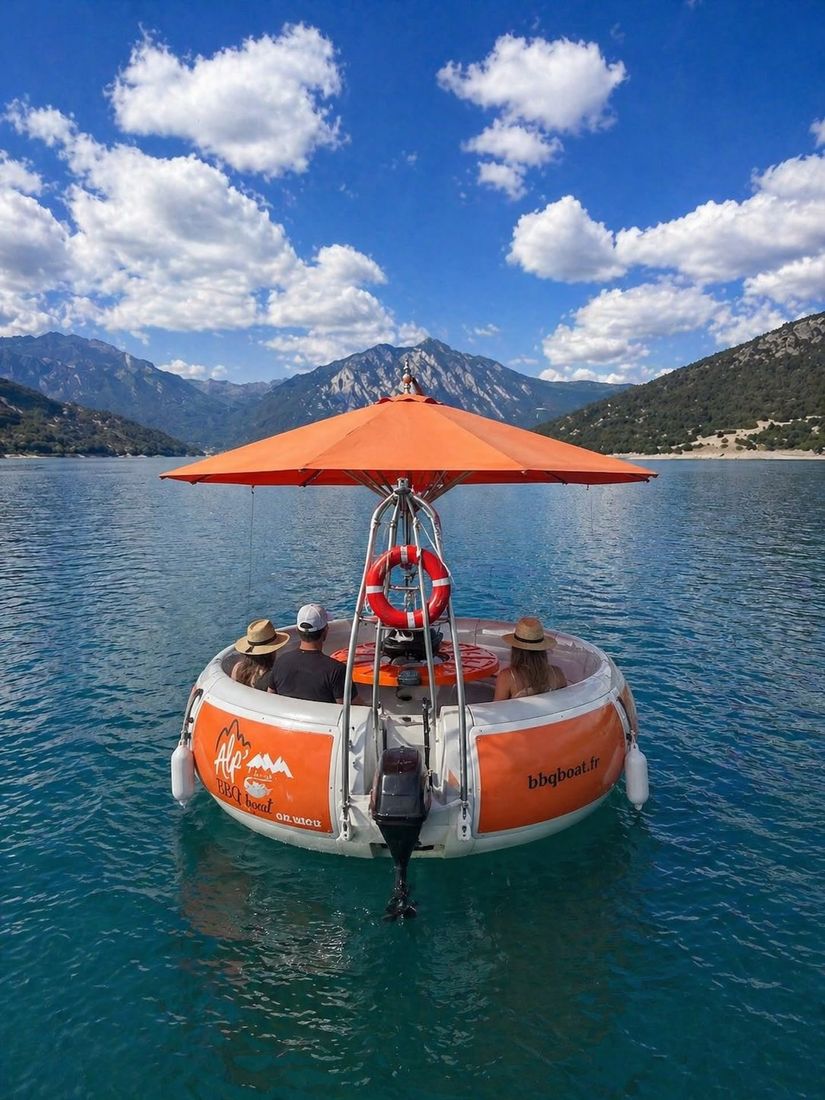 Barco BBQ no lago com água turquesa