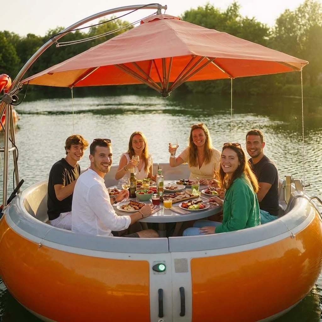 Grupo de amigos à volta do churrasco no barco, Alqueva